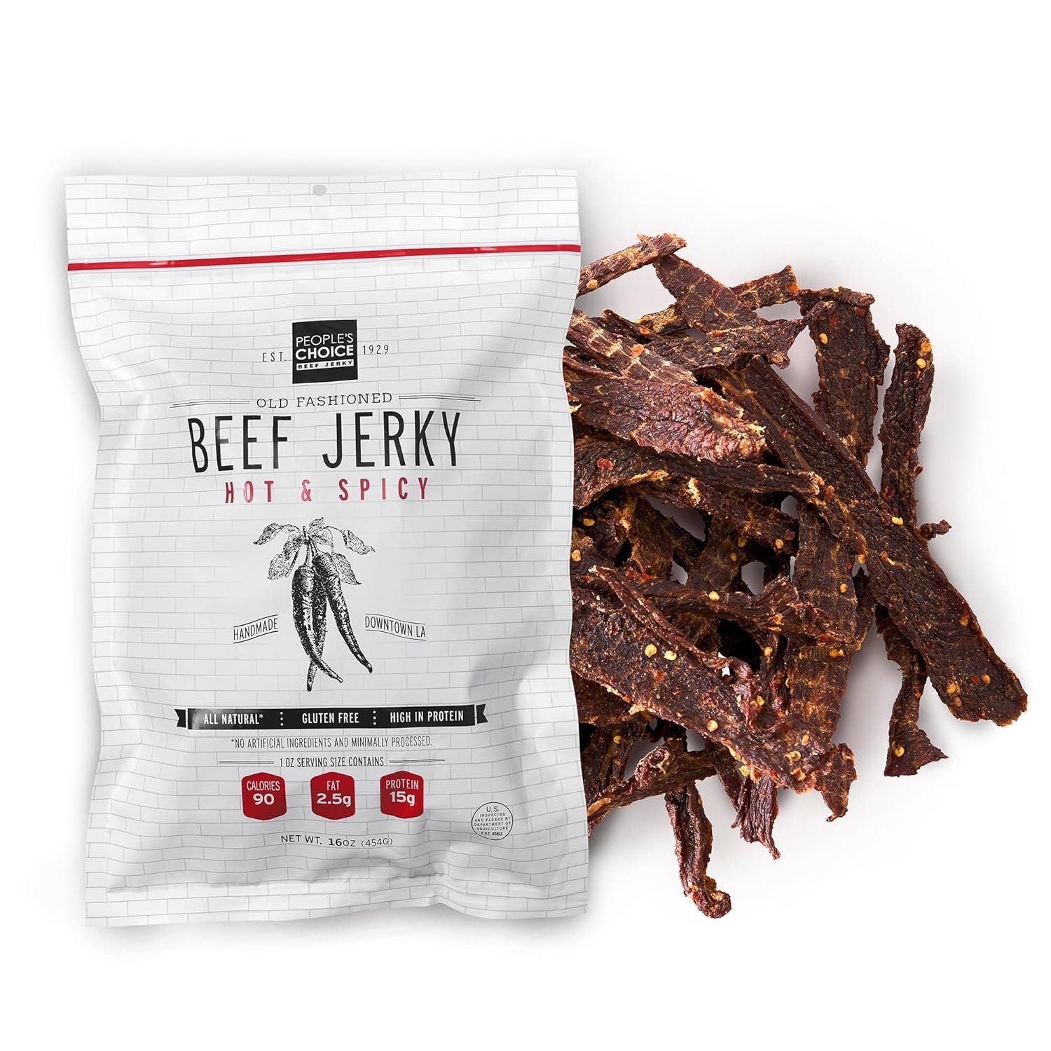 People’s Choice Beef Jerky – Old Fashioned – Hot & Spicy – Sugar Free, Zero Carb, 15g Protein, Keto Friendly – Dry Texture – Made in USA – 1 Pound (16 oz) Bag