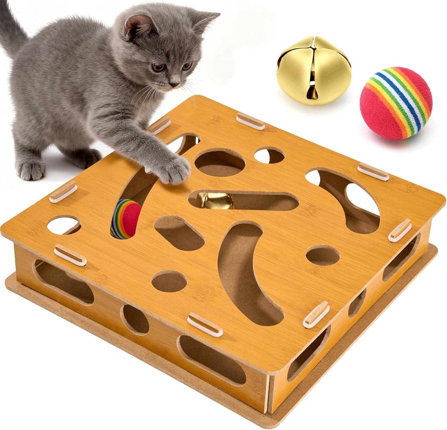Interactive Wooden Cat Puzzle Toy with Ball and Bell，Indoor Hunting Play Toy to Stimulate Your Cat’s Energy and Instincts,Cat Toy Box for Indoor Cats and Kittens