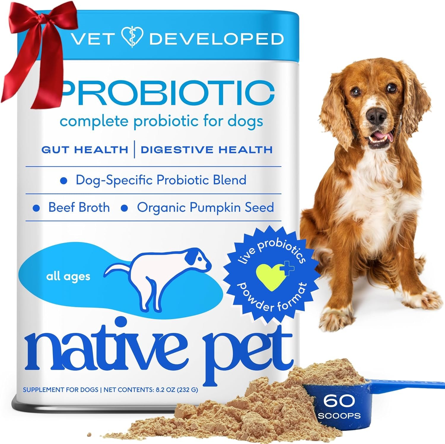 Native Pet Probiotics for Dogs – Dog Probiotics Powder for Digestive Health, Gut Support, & Immune Boost – Vet-Formulated Powder for Maximum Potency with Digestive Enzymes & Prebiotics – 60 Scoops