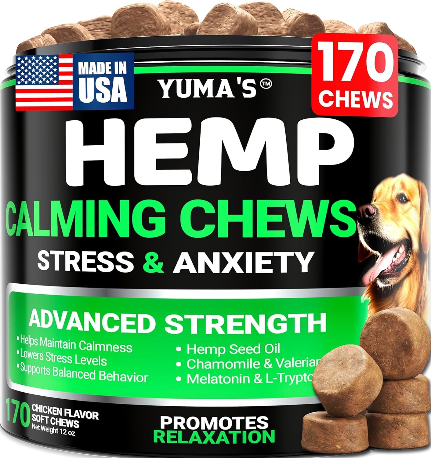 Hemp Calming Chews for Dogs – Advanced Dog Calming Chews – 170 Chews – Anxiety Relief Treats – Separation Aid, Barking, Stress Relief, Thunderstorms – Melatonin – Hemp Oil – Made in USA