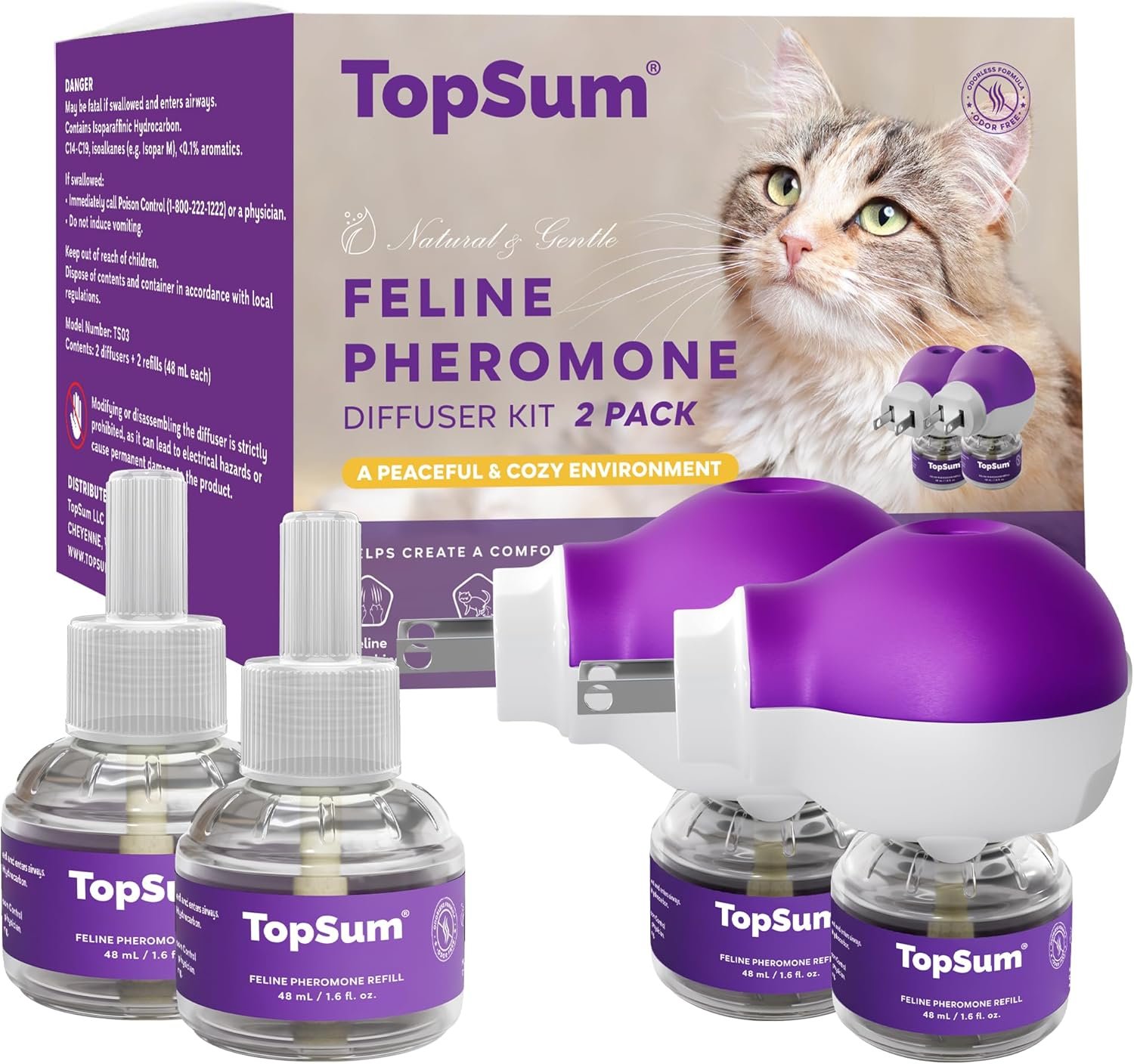 TopSum Cat Pheromones Calming Diffuser: Cat Calming Diffuser for Natural and Gental Behavior – Helps Reduce Scratching Peeing Meowing Hiding Urine Marking Aggression