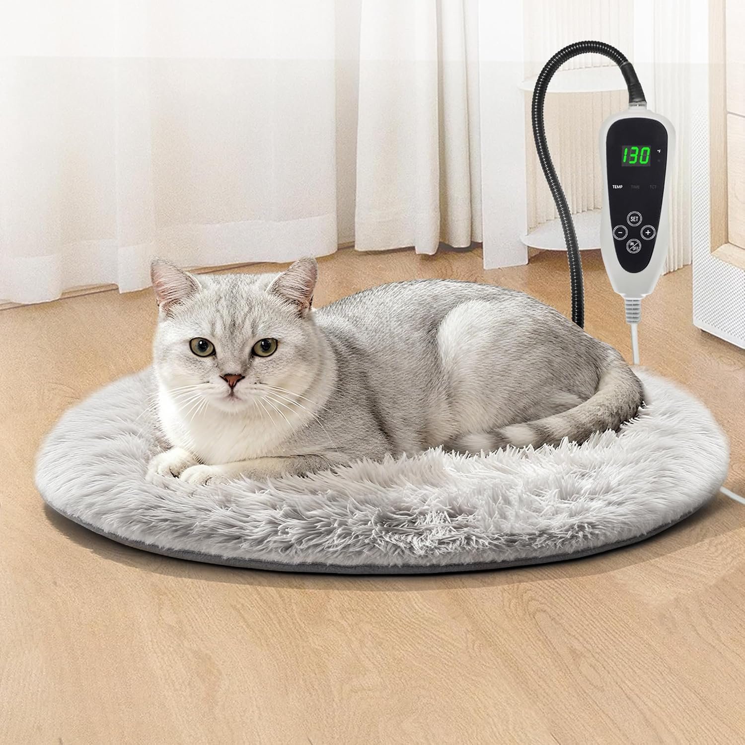Cat Heating Pad Round-16 in with Smart Thermostat Switch and Power Line Protection Tube,Obtained MET and UL Dual Certification,Waterproof Pet Heating Pad for Cats, with Long Velvet Cloth Cover
