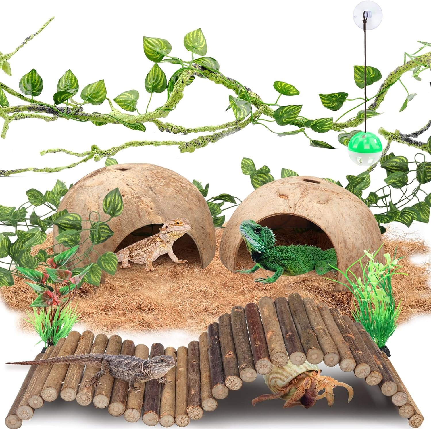 Crested Gecko Tank Accessories, Reptile Climbing Vines Hanging Plants with Coconut Shells Bridge Hideout Hermit Crab Decor for Bearded Dragon Lizard Chameleon Gecko Turtle Snake