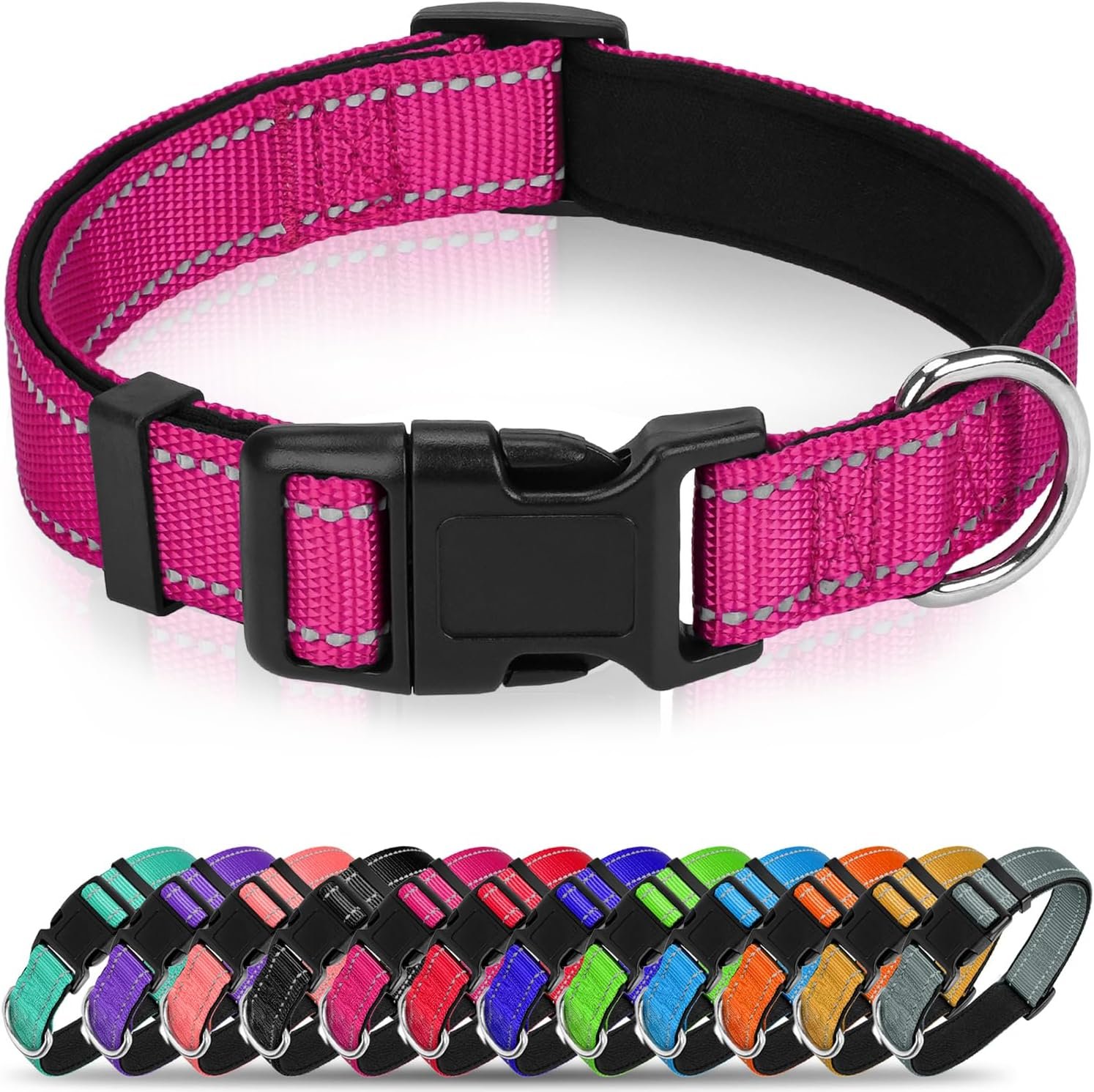 Reflective Dog Collar, Soft Neoprene Padded Nylon Pet Collar with Quick-Release Buckle, Adjustable for Extra Large Dogs,Hotpink,XL