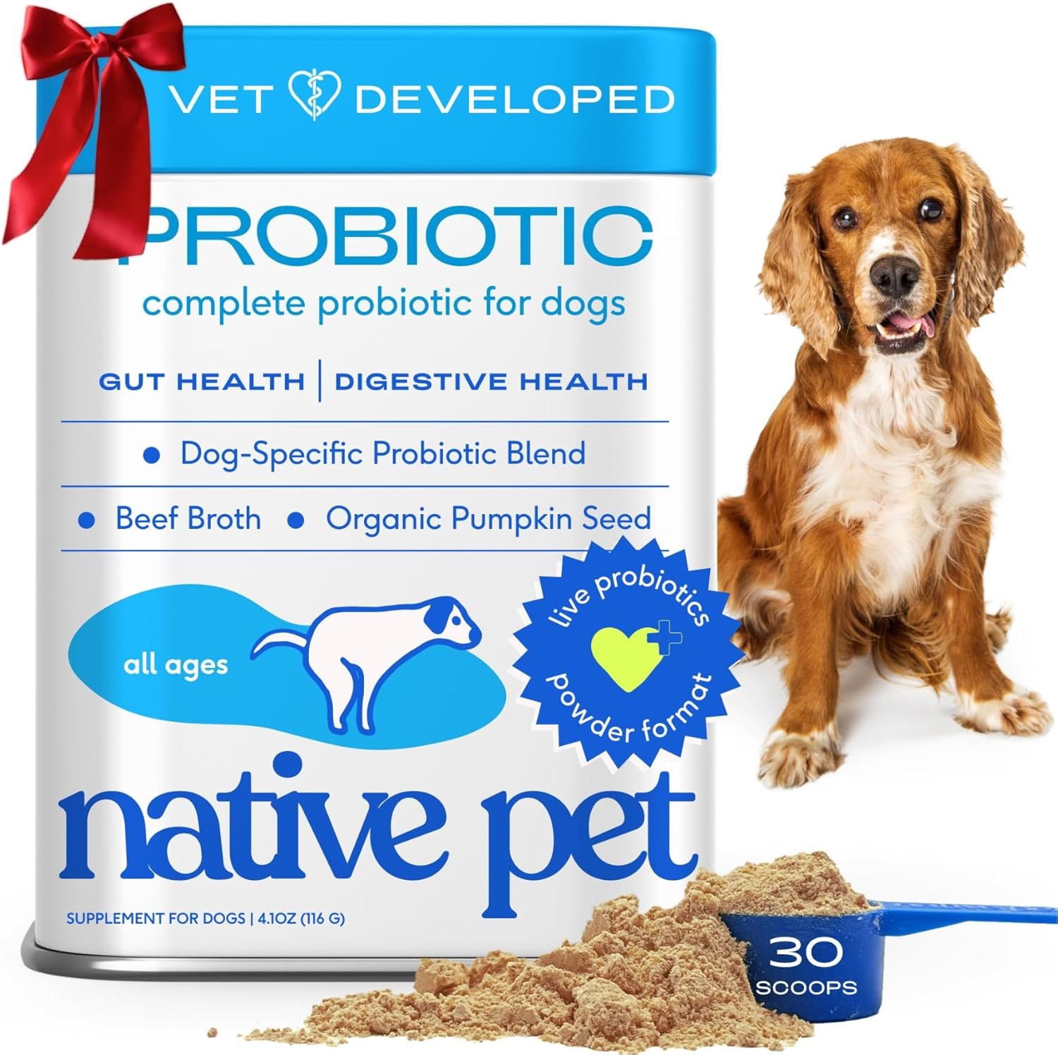 Native Pet Probiotics for Dogs – Dog Probiotics Powder for Digestive Health, Gut Support, & Immune Boost – Vet-Formulated Powder for Maximum Potency with Digestive Enzymes & Prebiotics – 30 Scoops