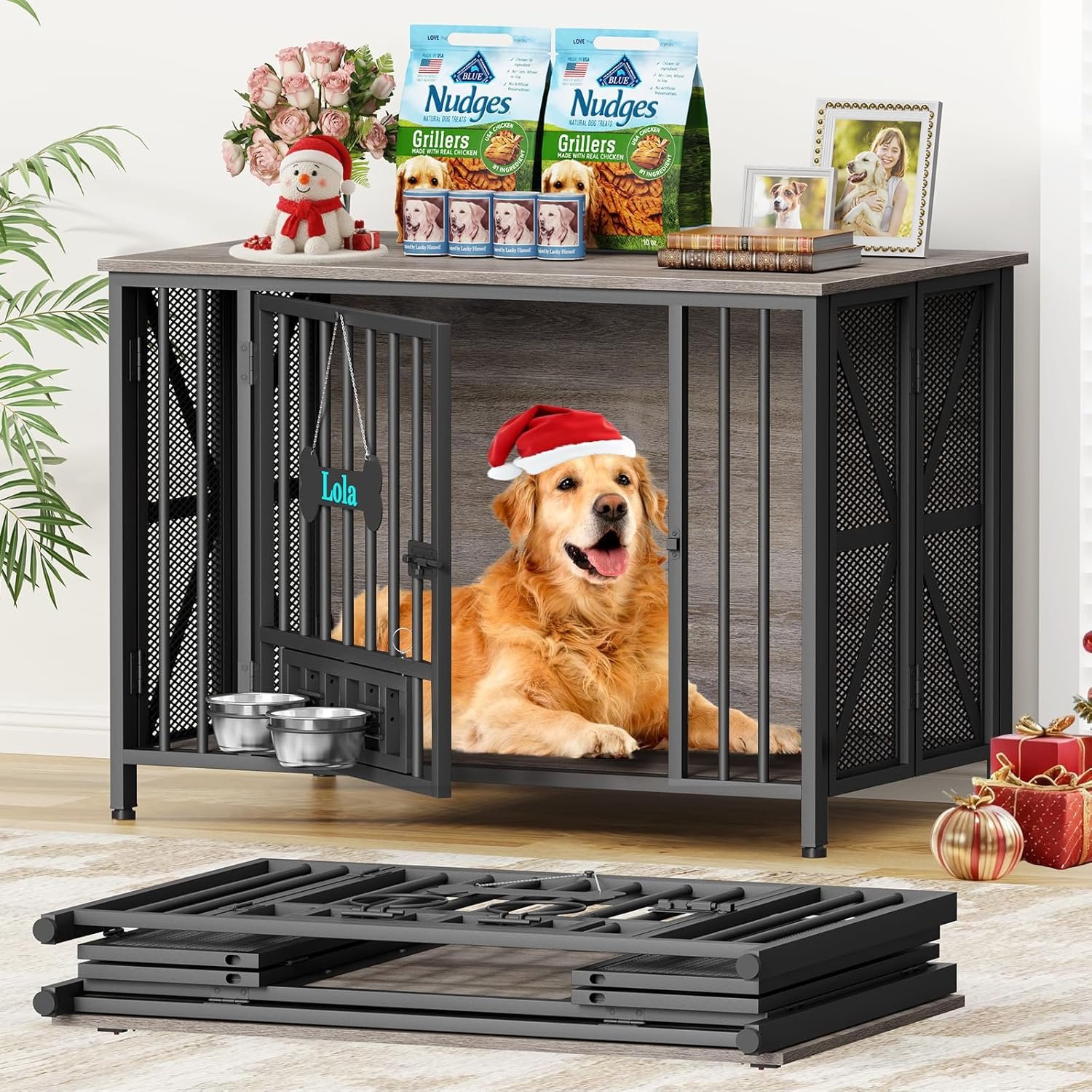 EasyCom Foldable Dog Crate Furniture, 41.3″ Dog Crates for Medium/Large Dogs, Wooden Dog Kennel Indoor with Tag & Adjustable Bowls, Dog Cage Use as End Table/TV Stand, Oak Grey