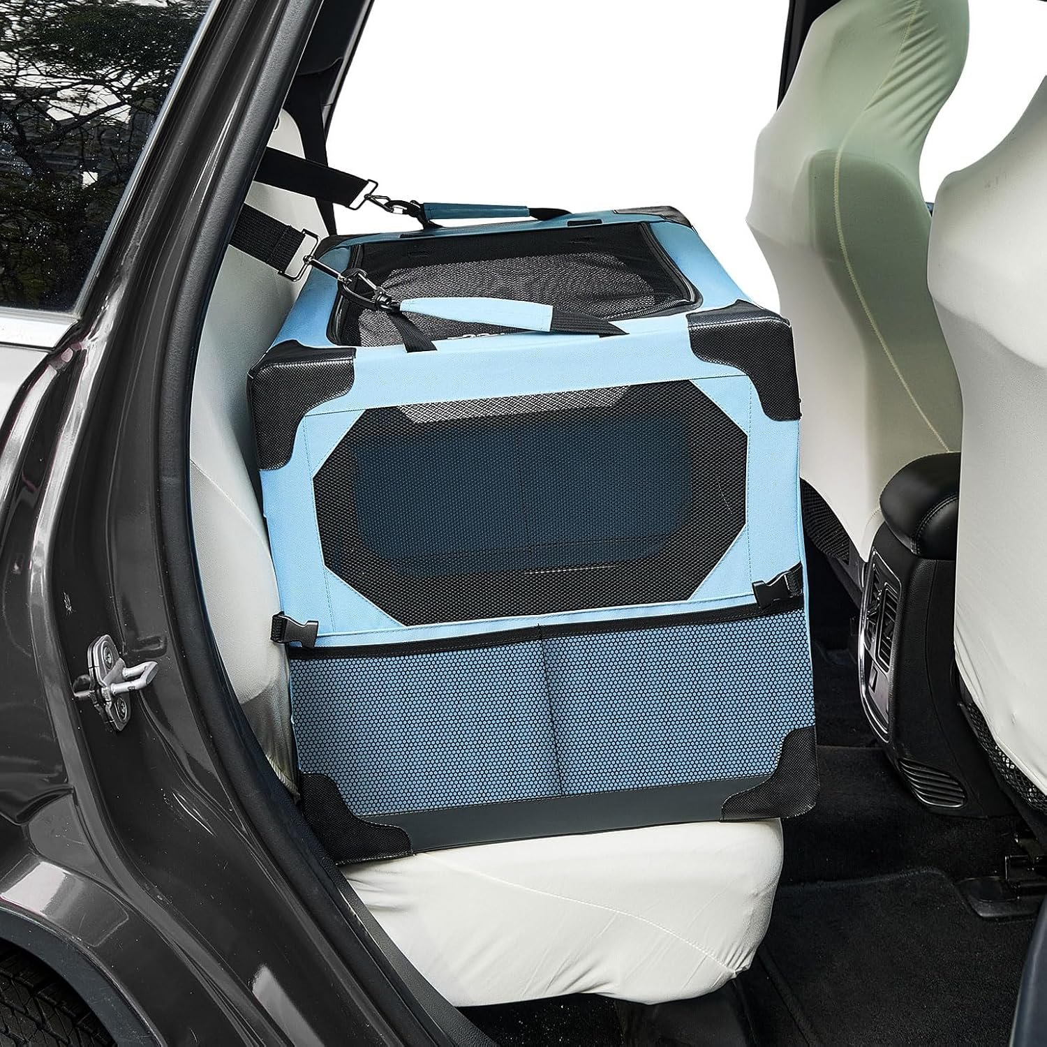 JOYTUTUS Collapsible Dog Crate, 26 Inch Portable Pet Crate for Car, Travel Dog Kennel Foldable Dog Crate for Medium Dog 44lbs, Soft Cat Carrier Fit for Indoor & Outdoor/Car Back Seat/Trunk (Blue)