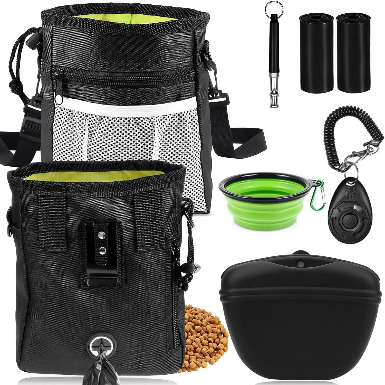 JIURUN Dog Treat Pouch for Pet Training – Dog Treat Bag (Black) – Dog Training Kit, Dog Clicker for Training, Silicone Treat Bag, 2-in-1 Whistle Clicker, Collapsible Dog Bowl, 2 Dog Poop Bag