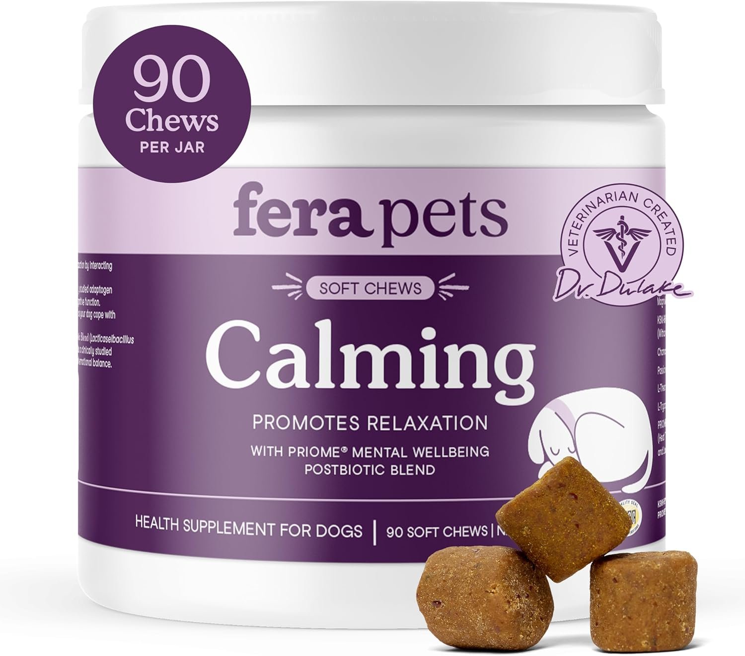 Fera Pets Dog Calming Chews – Anxiety Relief Support – Promotes Relaxation – Ashwagandha & Priome® Mental Wellbeing Postbiotic Blend – 90 Soft Chews