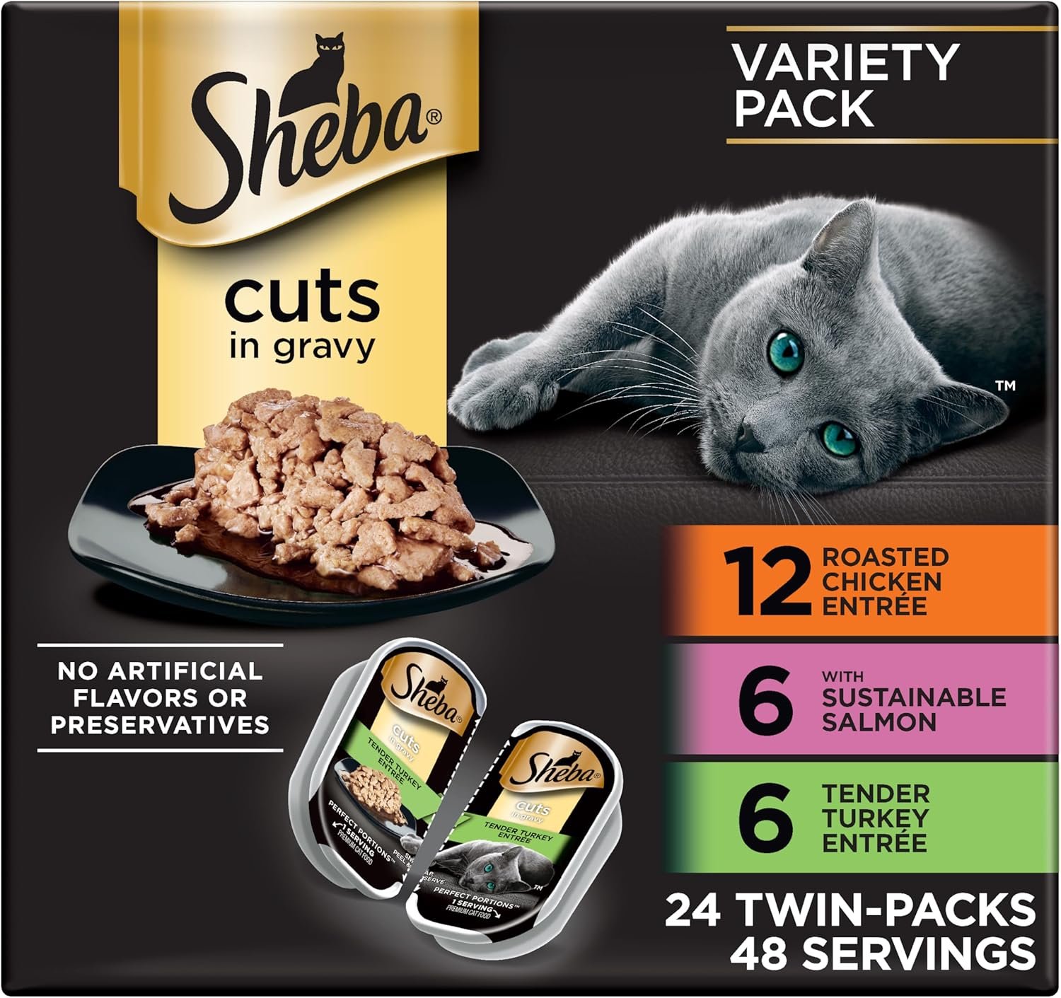 Sheba Perfect Portions Wet Cat Food Cuts in Gravy, Roasted Chicken Entree, with Sustainable Salmon, Tender Turkey Entree, 2.6 oz. Twin-Pack Trays (24 Count, 48 Servings)