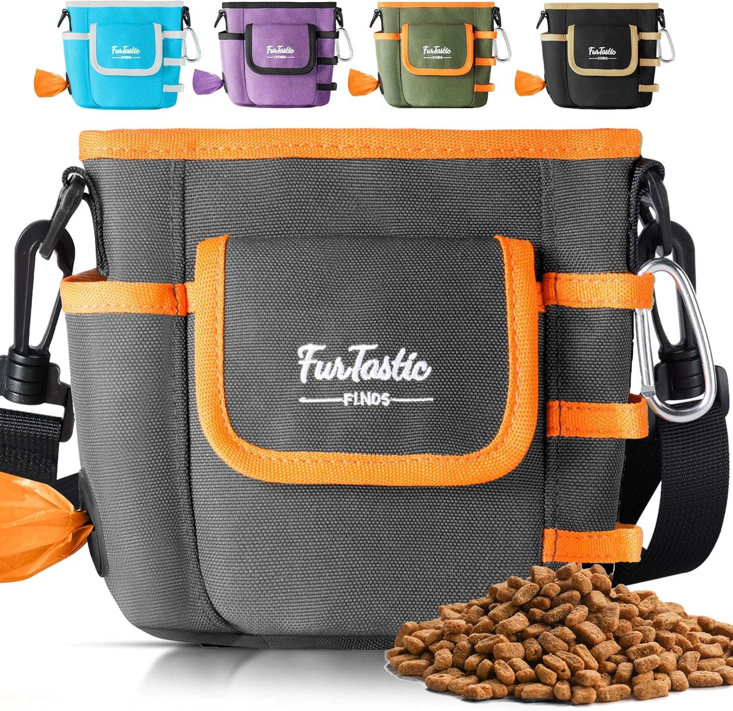 Dog Treat Pouch with Quick-Release Magnetic Closure, 3-Way Wear Treat Bags, 900D Waterproof Fabric, 4 Storage Spaces, Treat Pouch for Pet Training Walking (Grey)