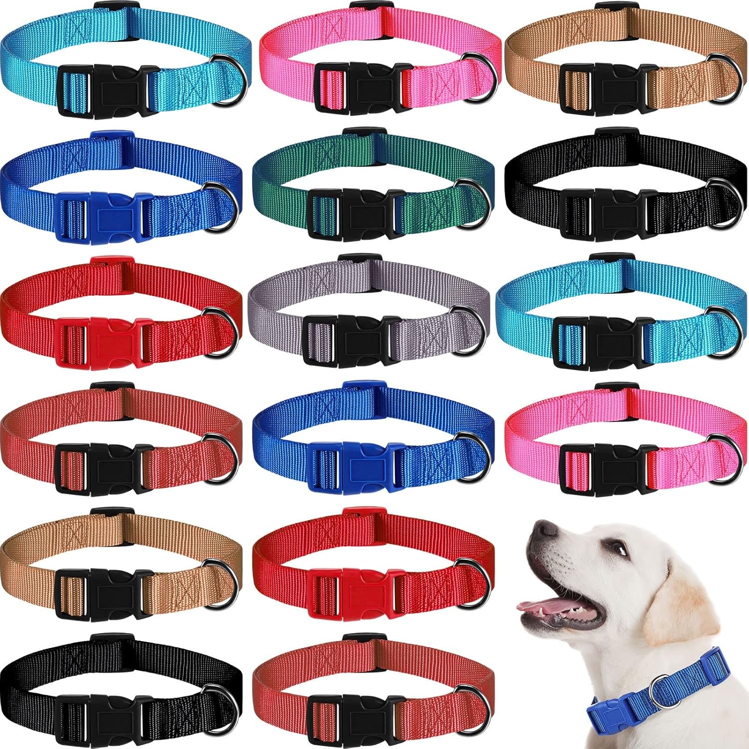 Sanwuta 18 Pcs Adjustable Dog Collar – 9 Colors, Nylon Soft Neoprene Padded, Heavy Duty, Quick Snap Buckle, Medium Size for Medium Dogs