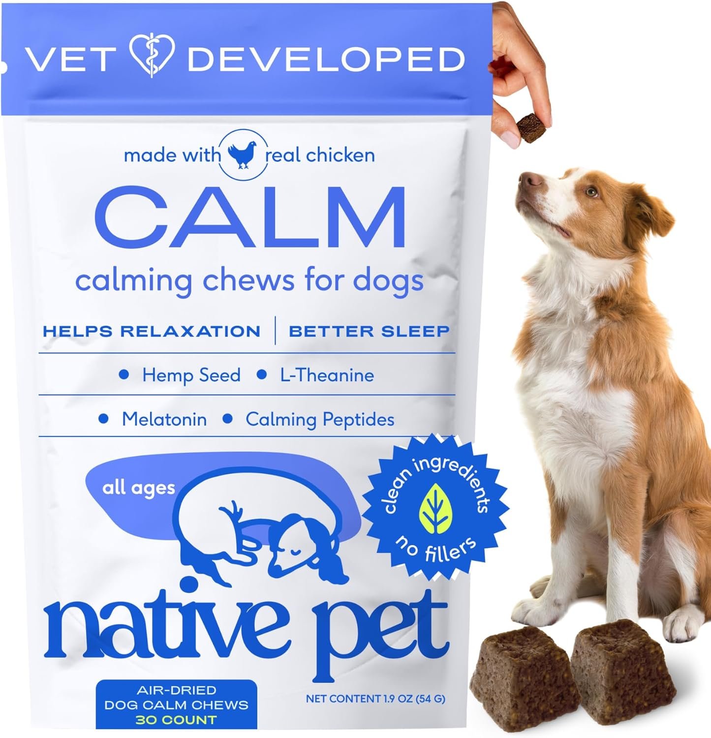 Native Pet Calming Chews for Dogs – Melatonin for Dogs Anxiety Relief – Grain Free All Natural Hemp Calming Treats & L-Theanine Helps Manage Stress & Separation Anxiety – Puppy Sleep Aid – 30 Chews