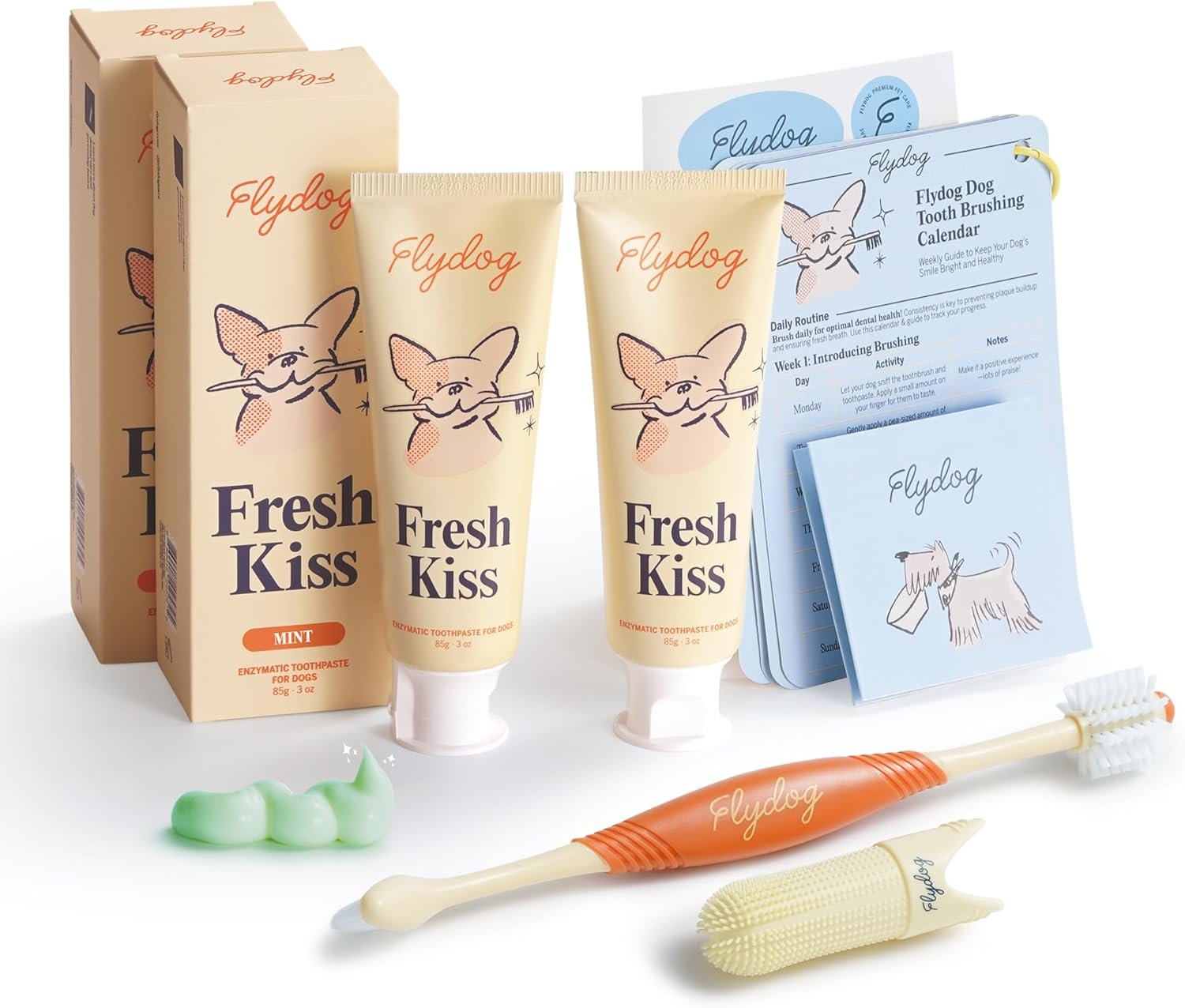 FlyDog Fresh Kiss Dog Tooth Brushing Kit – Vet Approved Formula, Enzymatic Dog Toothpaste and Brush – Breath Freshener & Tartar Remover, 360° Toothbrush & Finger Brush, Dental Guide, Mint Flavor