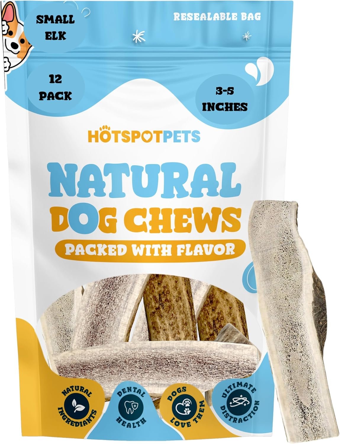 hotspot pets Small Premium Split Elk Antlers for Dogs – 3”-5” Inch Long Dog Chews, (12 Pack) Naturally Shed Antler Bone for Small Breed Aggressive Chewers – Made in USA – Promotes Dental Hygiene