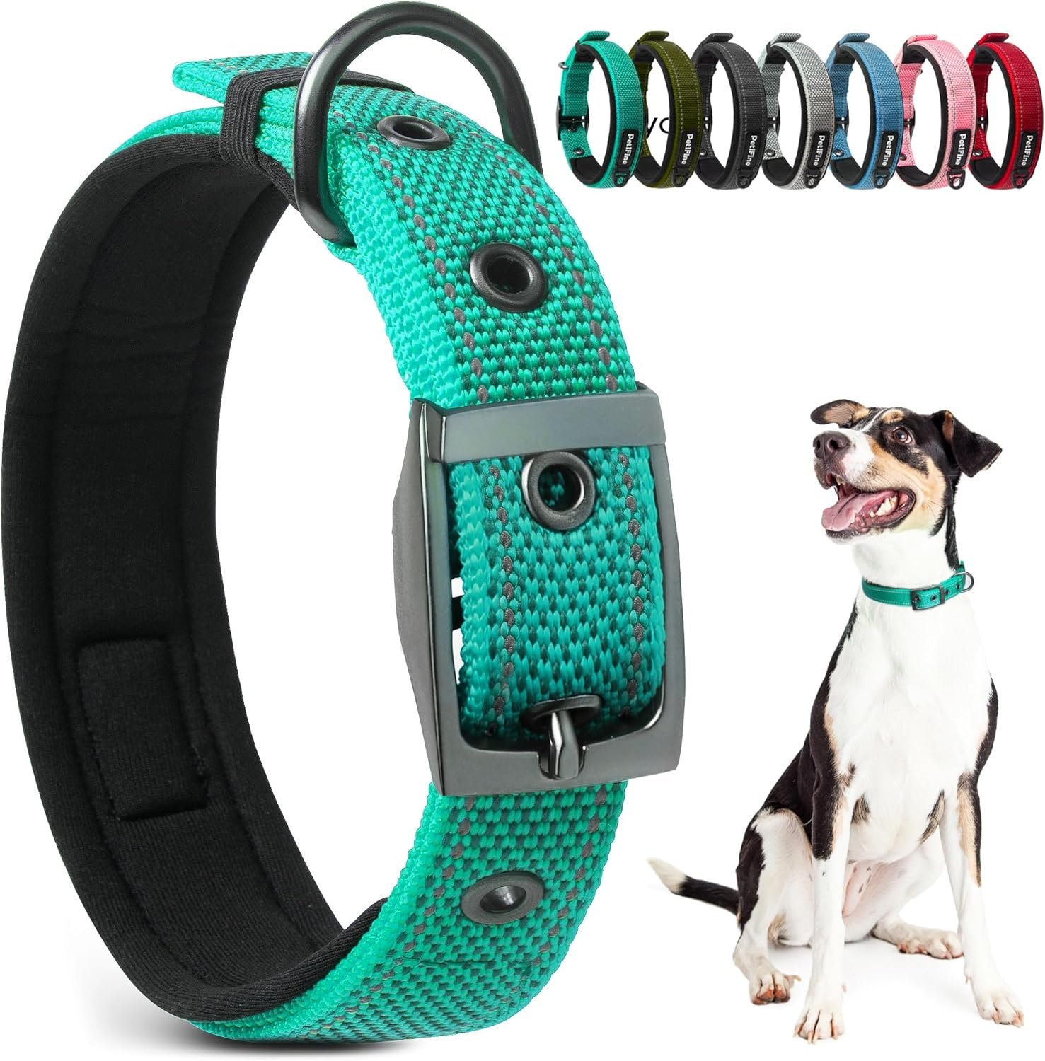 PetiFine Dog Collars for Medium Dogs, Neoprene Padded and Adjustable, Reflective Wide Heavy Duty Pet Collars with Durable Metal Belt Buckle for Walking, Teal, M